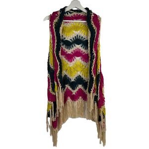 May & July Size S M Crochet Open Knit Vest Multicolor Fringe Boho Hippie Shawl